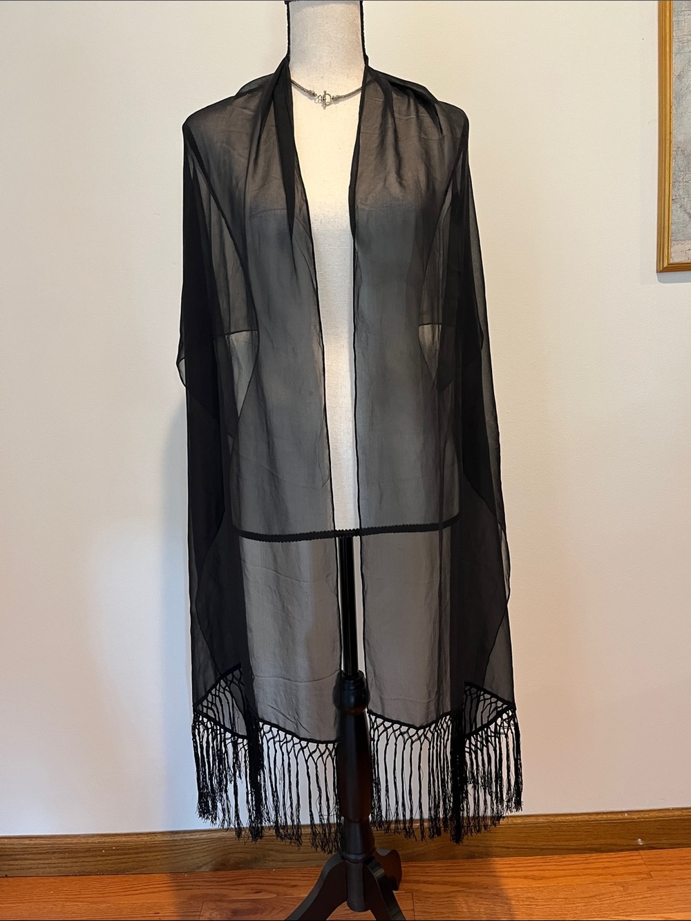 VTG Sheer Black Fringe Evening Shawl Elegant Formal Shoulder Wrap (Long & Wide)